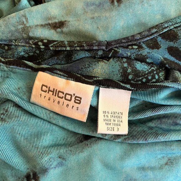 Chico's Travelers Size 3 (XL) Thin Slinky Knit Long Sleeve Top Abstract Teal - Picture 2 of 8